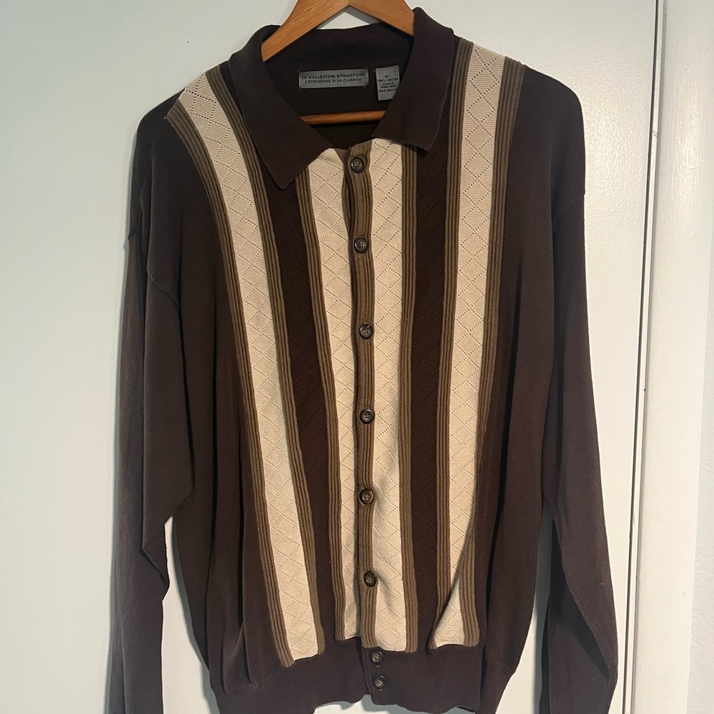 Men's Brown and Cream Cardigan Sweater